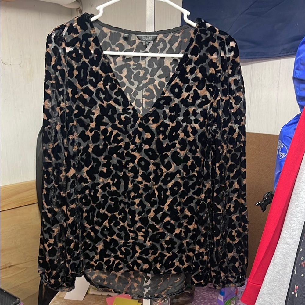 Guess Sheer Leopard Print V-Neck Women's Top